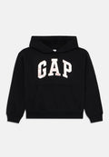 Schwarzer Kapuzenpullover aus Baumwolle mit einer Fronttasche. Mit dem weißen "GAP"-Logo und einem subtilen Muster. Rippbündchen und -saum.