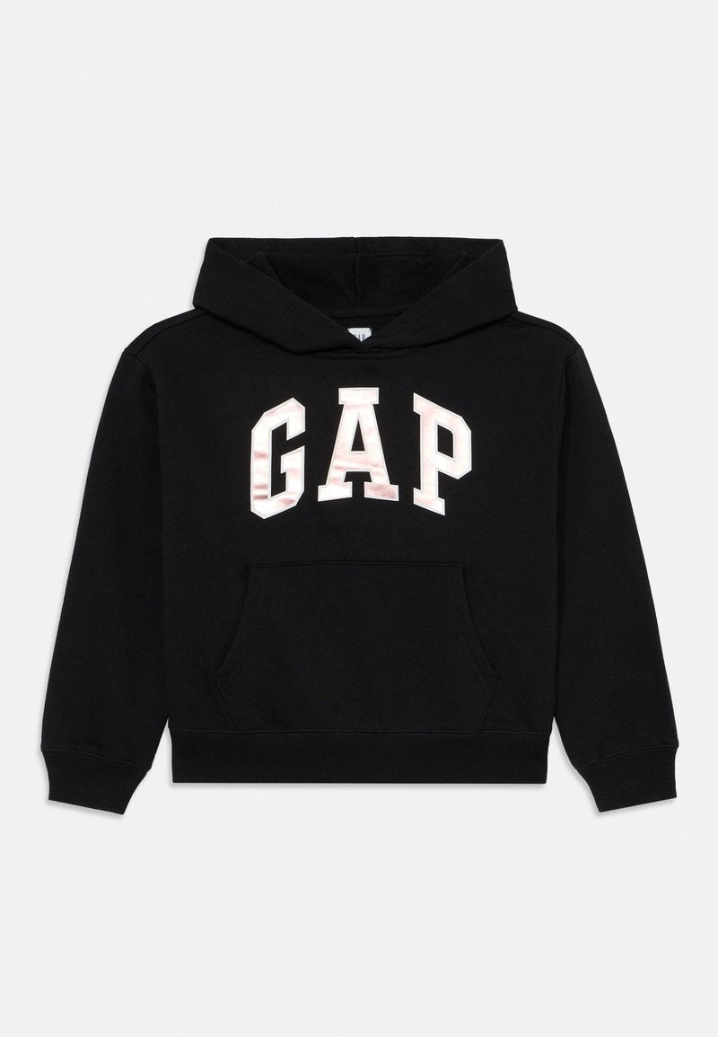 Schwarzer Kapuzenpullover aus Baumwolle mit einer Fronttasche. Mit dem weißen "GAP"-Logo und einem subtilen Muster. Rippbündchen und -saum.