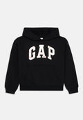 Schwarzer Kapuzenpullover aus Baumwolle mit einer Fronttasche. Mit dem weißen "GAP"-Logo und einem subtilen Muster. Rippbündchen und -saum.
