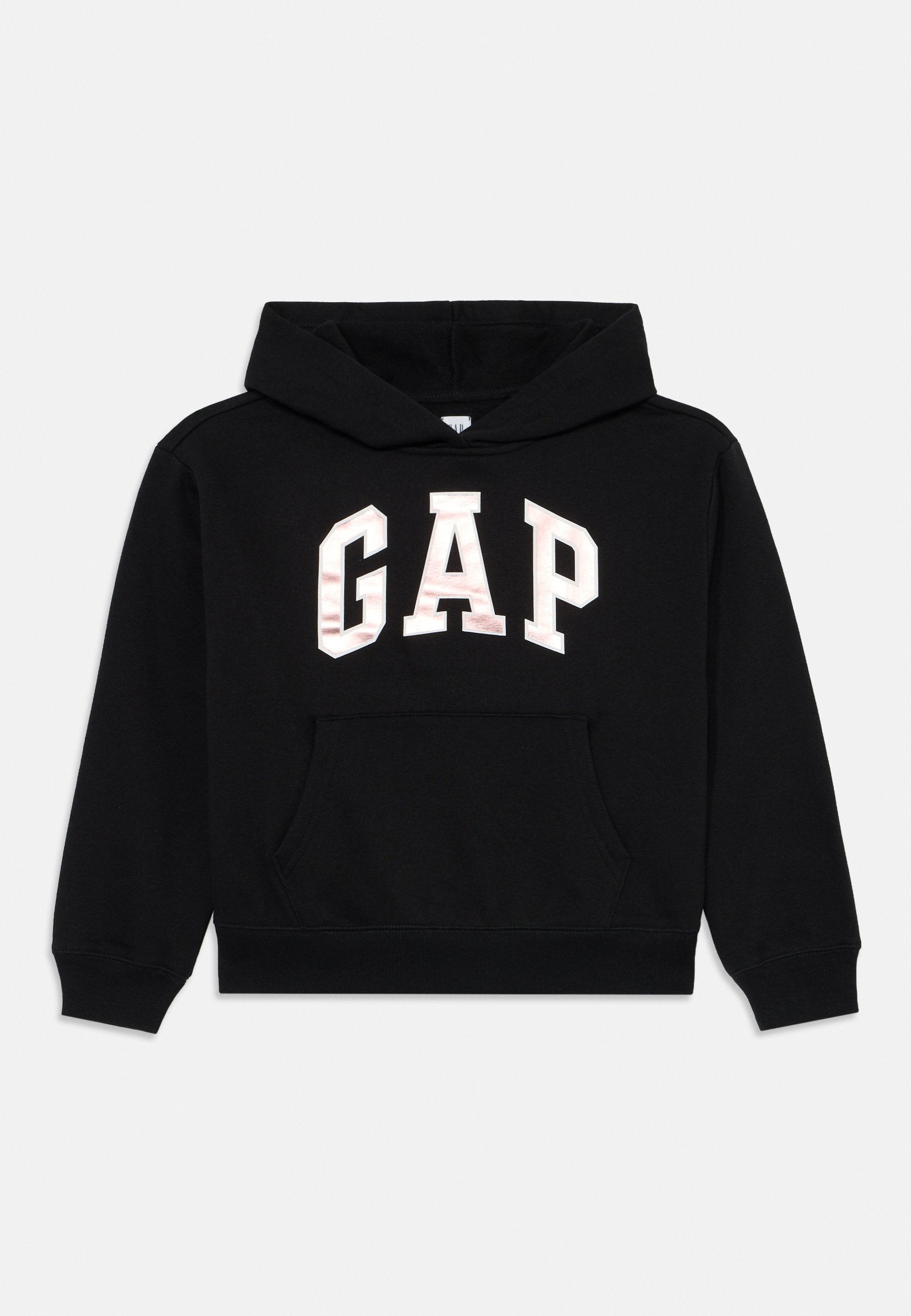 Schwarzer Kapuzenpullover aus Baumwolle mit einer Fronttasche. Mit dem weißen "GAP"-Logo und einem subtilen Muster. Rippbündchen und -saum.