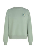 Hellgrüner Pullover mit Rundhalsausschnitt, langen Ärmeln, gerippten Bündchen und Saum. Auf der Brust befindet sich ein rundes Logo mit Text.