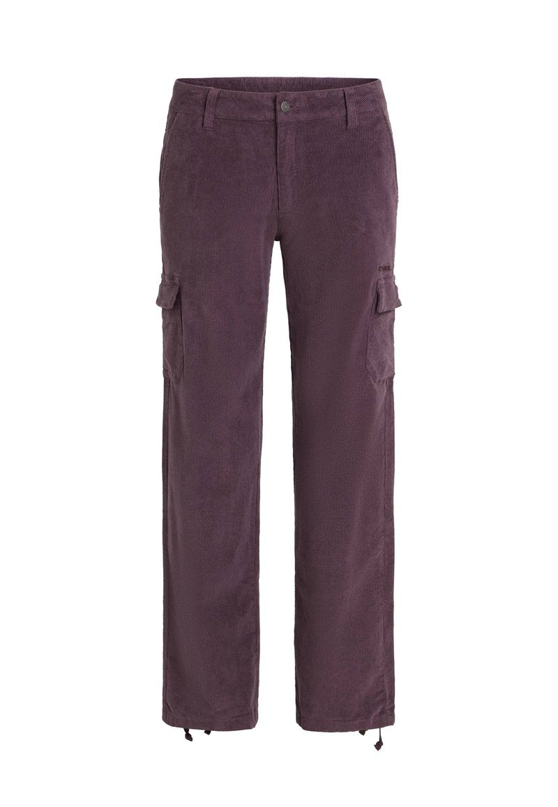 Cargo-Hosen aus dunkelviolettem Cordstoff, mit Seitentaschen, einem Knopfverschluss und verstellbaren Bündchen für einen figurbetonten Look.