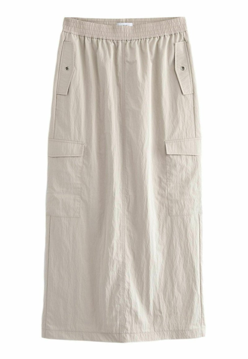 Hellbeige, knielanger Rock aus leichtem Stoff. Verfügt über einen elastischen Bund, zwei seitliche Taschen und eine glatte, strukturierte Oberfläche.