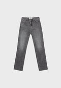 Schwarze Jeans aus Denim mit geradem Bein, verwaschenem Textur, Fünf-Taschen-Stil und klassischem Knopfverschluss.