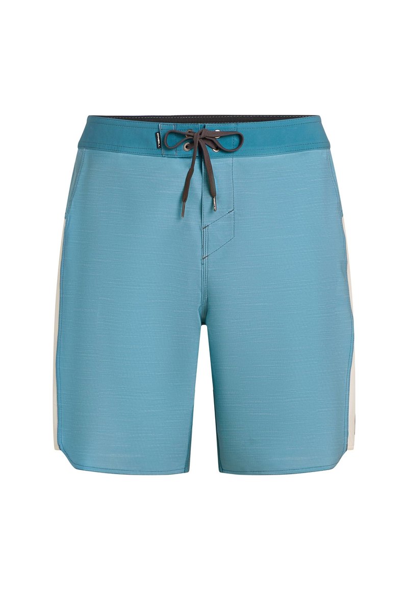 Blaue Badeshorts aus strukturiertem Stoff mit einem schwarzen Bund und einem braunen Kordelzug. Verfügt über Seitentaschen mit weißen Akzenten.