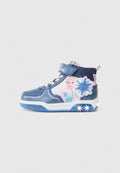 Blaue Kunstleder-Hochtop-Sneaker mit rosa Akzenten, ausgestattet mit einem Disney Frozen Charakter-Graphic und einer leuchtenden Sohle. Mit Klettverschluss.