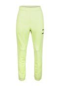 Hellbeige Jogginghose mit glatter Textur, elastischem Bund und gerafften Bündchen. Mit schwarzem Text an der Seite.