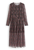 Schwarzes Maxikleid mit Blumenmuster, langen durchsichtigen Ärmeln, geraffter Taille und farbenfrohem Blumenprint in den Farbtönen Pink, Blau und Grün.