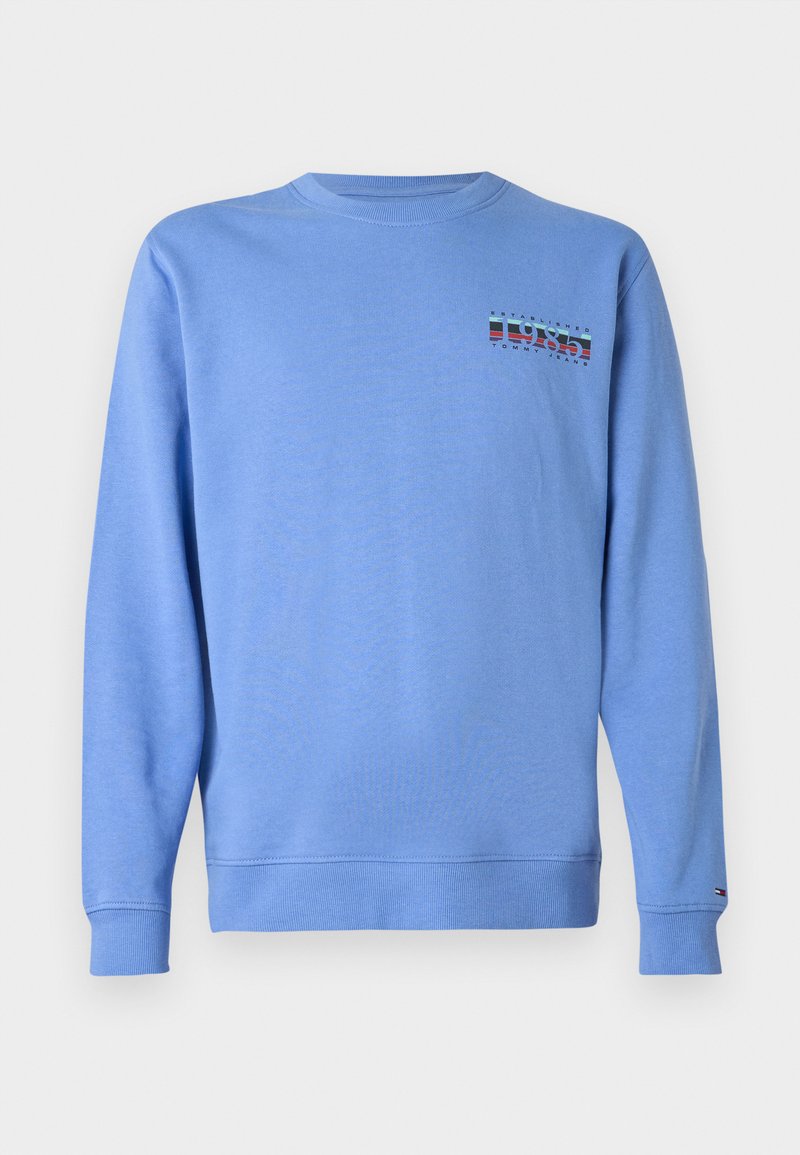 Hellblaues Sweatshirt aus Baumwolle mit Rundhalsausschnitt und gerippten Bündchen. Enthält ein buntes Logo mit "1985" auf der oberen linken Seite.
