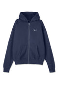 Marineblaues Zip-Hoodie mit Vordertaschen, gerippten Bündchen und Saum sowie kleinem weißen "Pegador"-Logo auf der Brust.