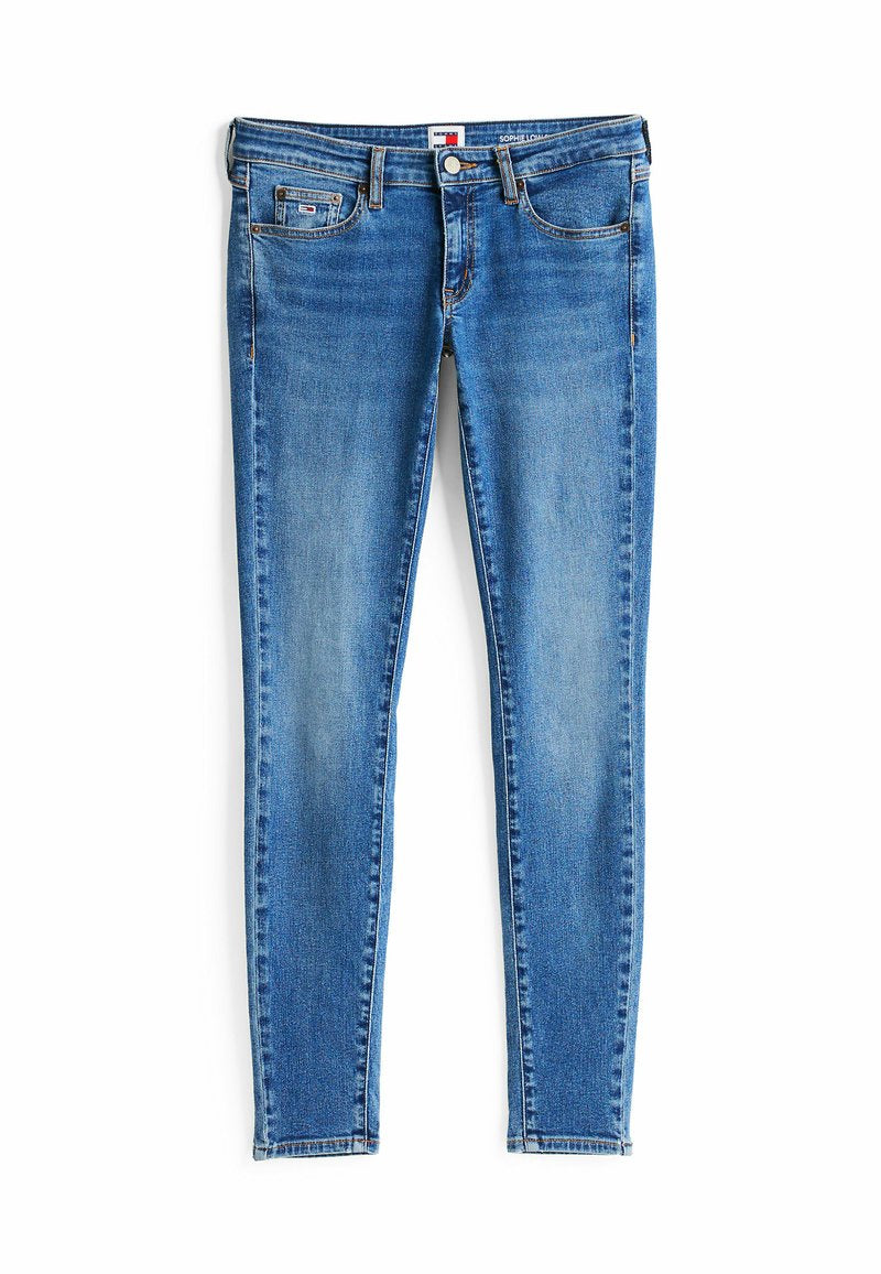 Blaue Slim-Fit-Jeans aus Denim mit einer leicht abgeriebenen Optik, im Five-Pocket-Design und mit einem klassischen Knopfverschluss.
