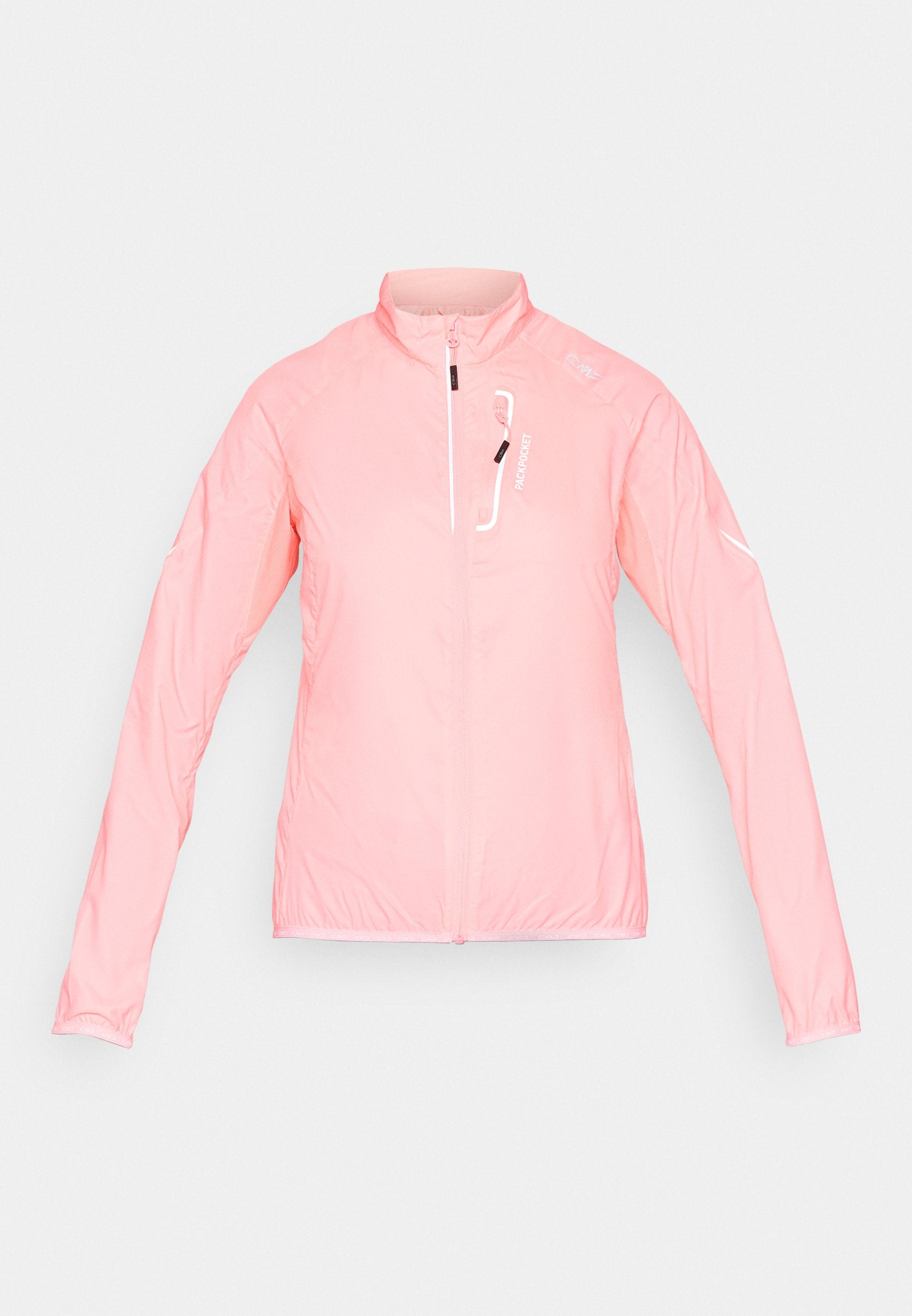 Hellrosa leichte Jacke mit langen Ärmeln, Frontreißverschluss und Reißverschlusstasche auf der Brust mit der Aufschrift "PACKPOCKET".