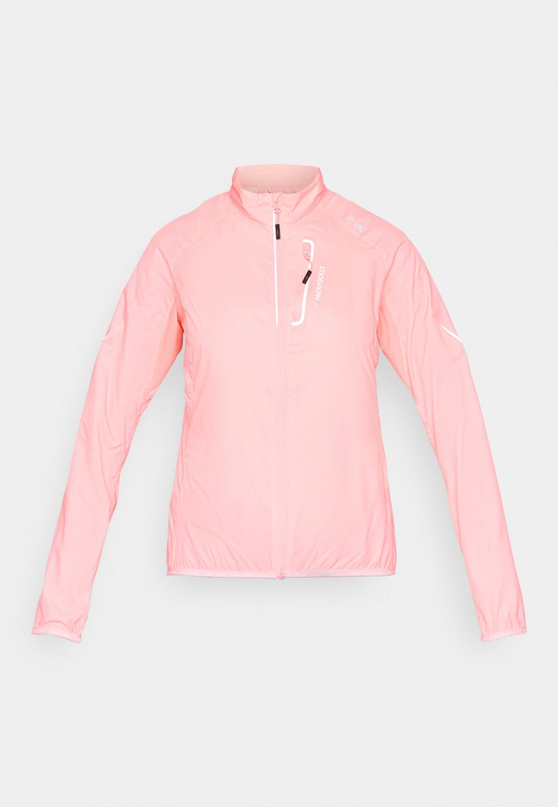Hellrosa leichte Jacke mit langen Ärmeln, Frontreißverschluss und Reißverschlusstasche auf der Brust mit der Aufschrift "PACKPOCKET".