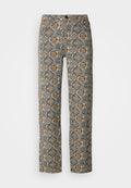 Blumenmuster-Hosen in Beige, Schwarz und Orange. Hergestellt aus leichtem Stoff, mit geradem Schnitt und Knopfverschluss.
