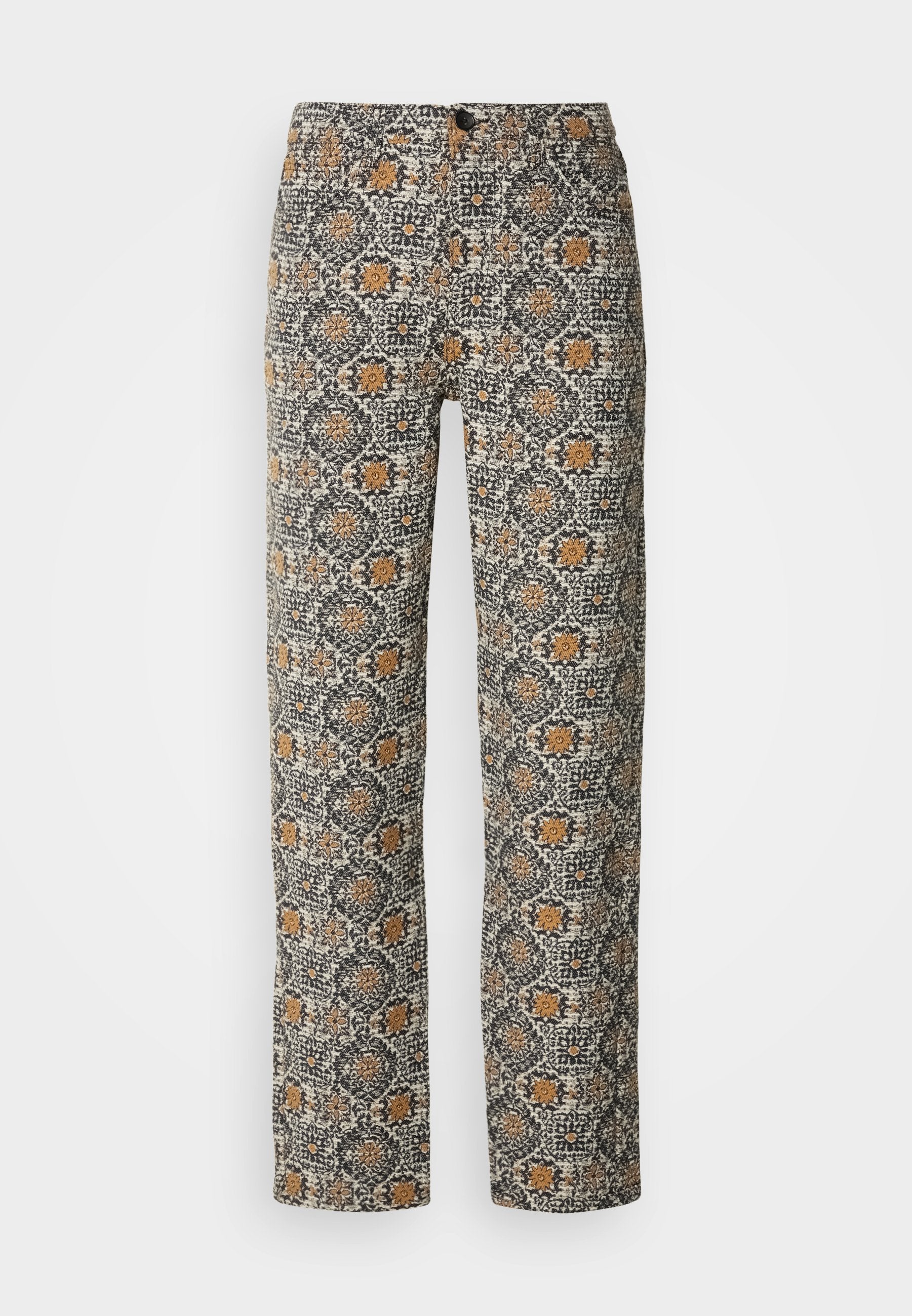 Blumenmuster-Hosen in Beige, Schwarz und Orange. Hergestellt aus leichtem Stoff, mit geradem Schnitt und Knopfverschluss.