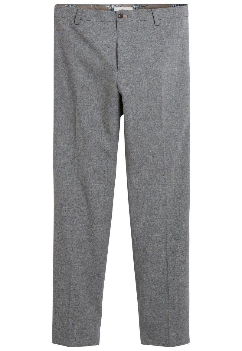 Herren Slim-Fit graue Anzughose mit Gürtelschlaufen, vorderem Knopf und Reißverschluss, aus einem dezent strukturierten Stoff.