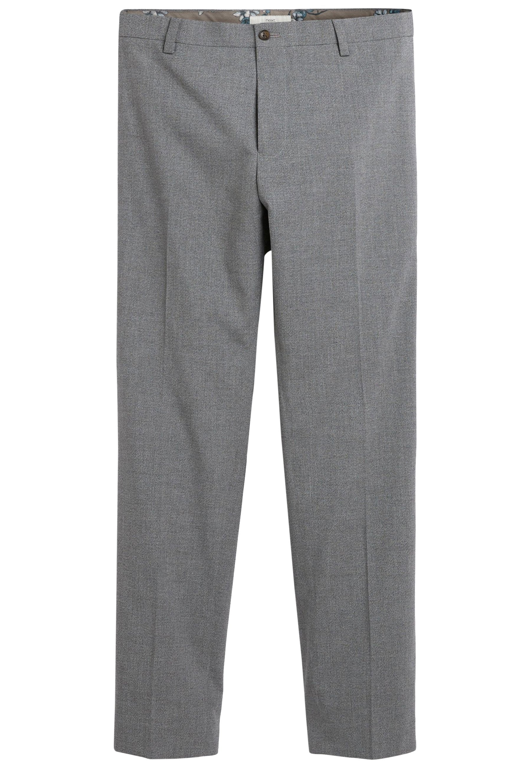 Herren Slim-Fit graue Anzughose mit Gürtelschlaufen, vorderem Knopf und Reißverschluss, aus einem dezent strukturierten Stoff.