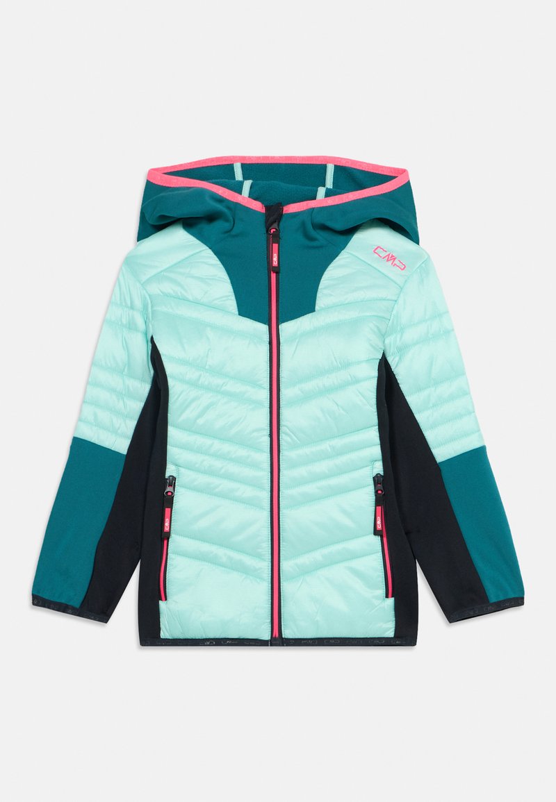 Leichte Jacke in Türkis und Schwarz mit Kapuze, mit Chevron-Steppmuster, pinkfarbenen Reißverschlussakzenten und Reißverschlüssen an den Seitentaschen.