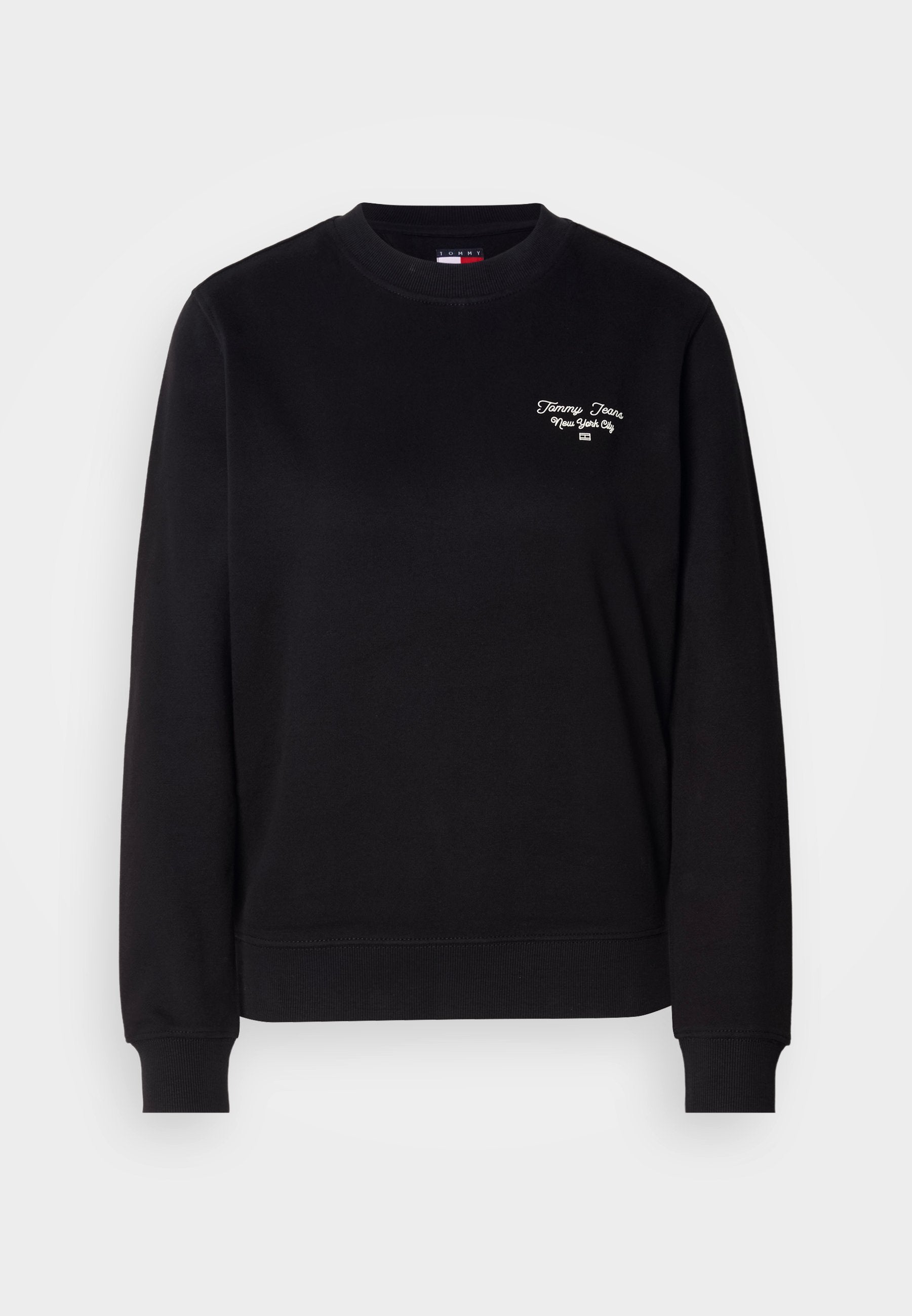 Schwarzer Sweatshirt aus Baumwolle mit Rundhalsausschnitt, langen Ärmeln und gerippten Bündchen. Mit weißem, gesticktem Text auf der Brust.