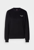 Schwarzer Sweatshirt aus Baumwolle mit Rundhalsausschnitt, langen Ärmeln und gerippten Bündchen. Mit weißem, gesticktem Text auf der Brust.