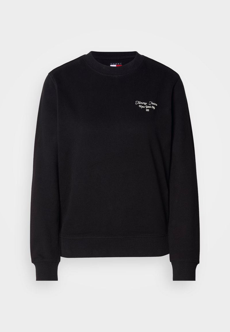 Schwarzer Sweatshirt aus Baumwolle mit Rundhalsausschnitt, langen Ärmeln und gerippten Bündchen. Mit weißem, gesticktem Text auf der Brust.