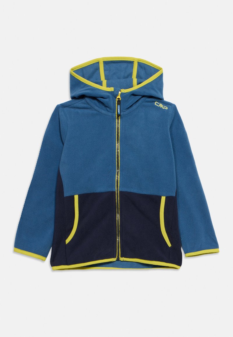 Blau-dunkelblaue Fleecejacke mit Kapuze, durchgehend gelber Reißverschluss, gelbe Einfassung an Taschen, Bündchen und Kapuzenrand, CMP-Logo auf der Brust.