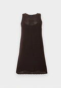 Ärmelloses dunkelbraunes gehäkeltes Kleid mit rundem Ausschnitt und gezacktem Saum, entworfen für eine lockere, atmungsaktive Passform.