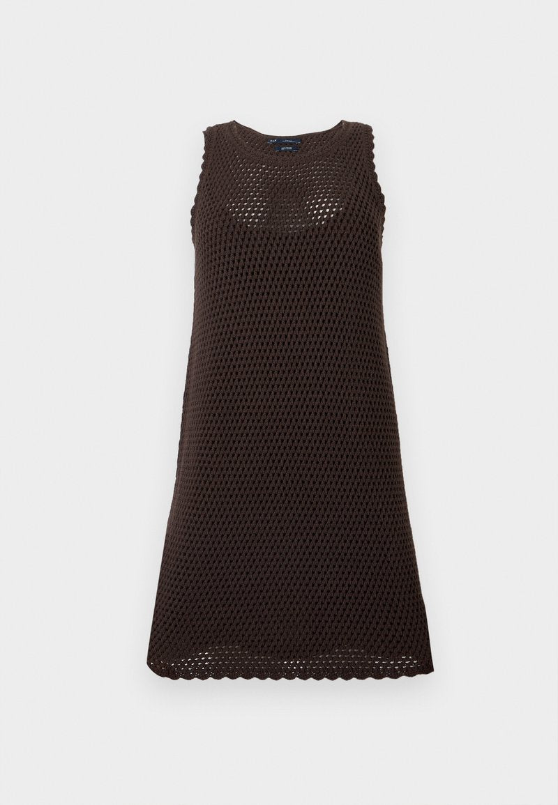 Ärmelloses dunkelbraunes gehäkeltes Kleid mit rundem Ausschnitt und gezacktem Saum, entworfen für eine lockere, atmungsaktive Passform.