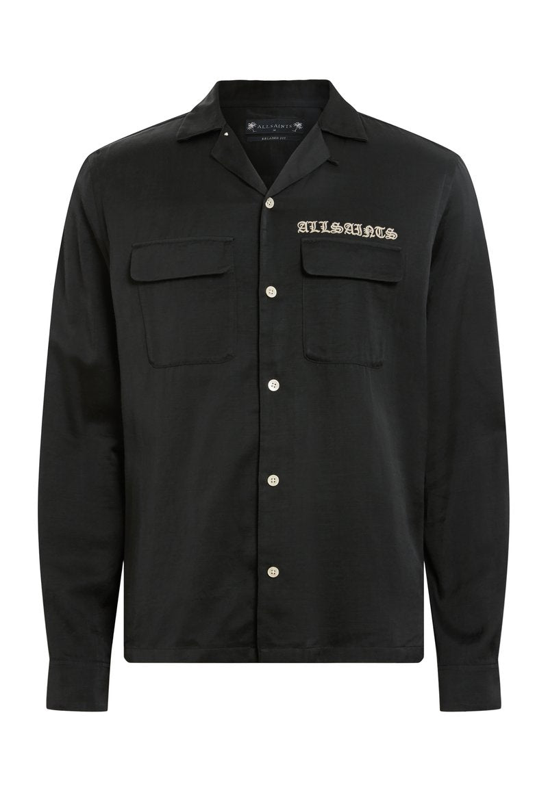 Schwarzes Button-Down-Hemd aus leichtem Gewebe mit versteckter Knopfleiste, zwei Brusttaschen und gesticktem "ALLSAINTS"-Text in Beige.