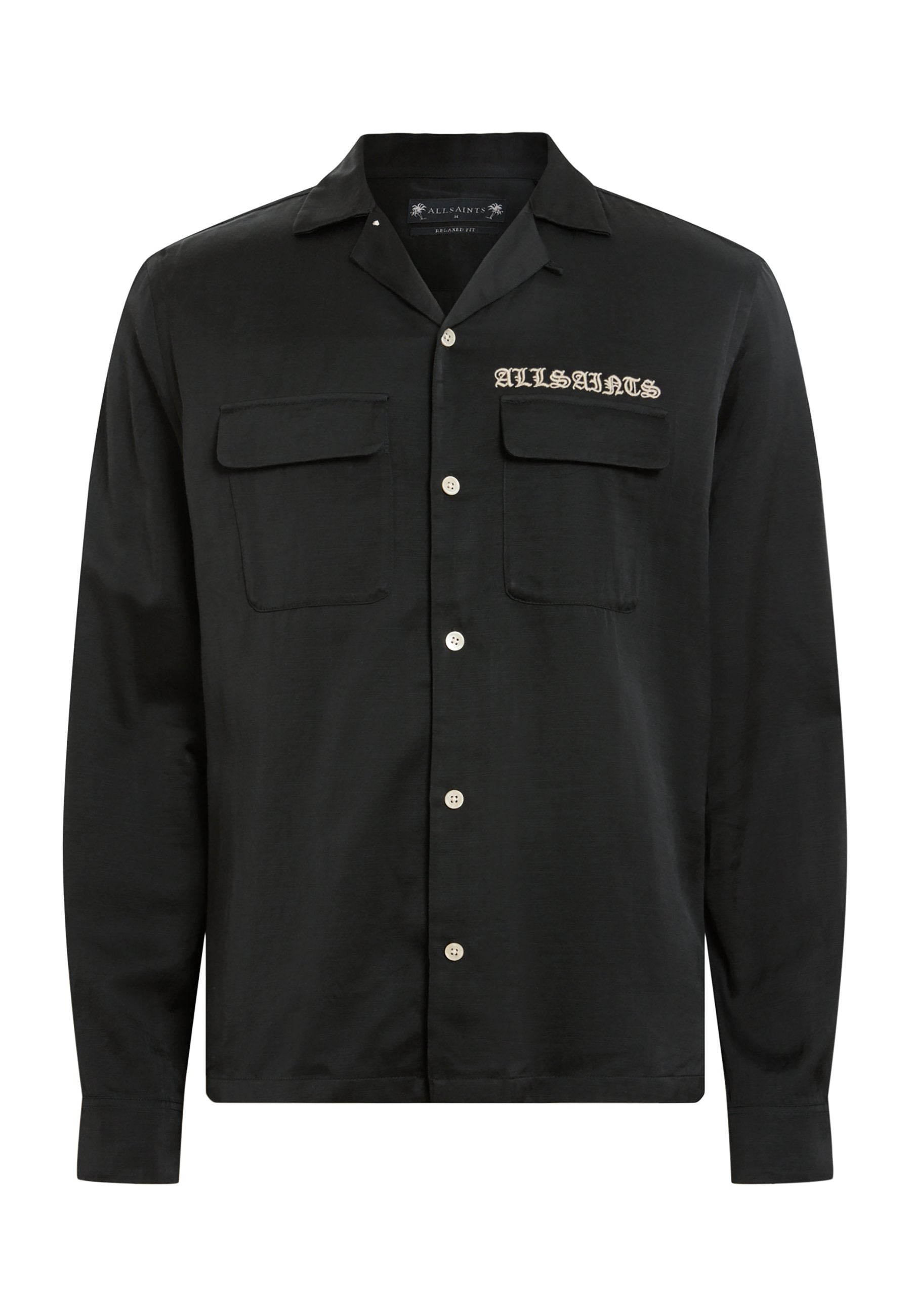 Schwarzes Button-Down-Hemd aus leichtem Gewebe mit versteckter Knopfleiste, zwei Brusttaschen und gesticktem "ALLSAINTS"-Text in Beige.