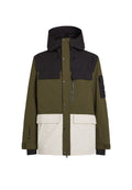 Zweifarbige Jacke mit grünem Körper und schwarzem oberen Abschnitt, Kapuze, Fronttaschen und cremefarbenem unteren Teil. Mit Reißverschlüssen und Druckknöpfen.