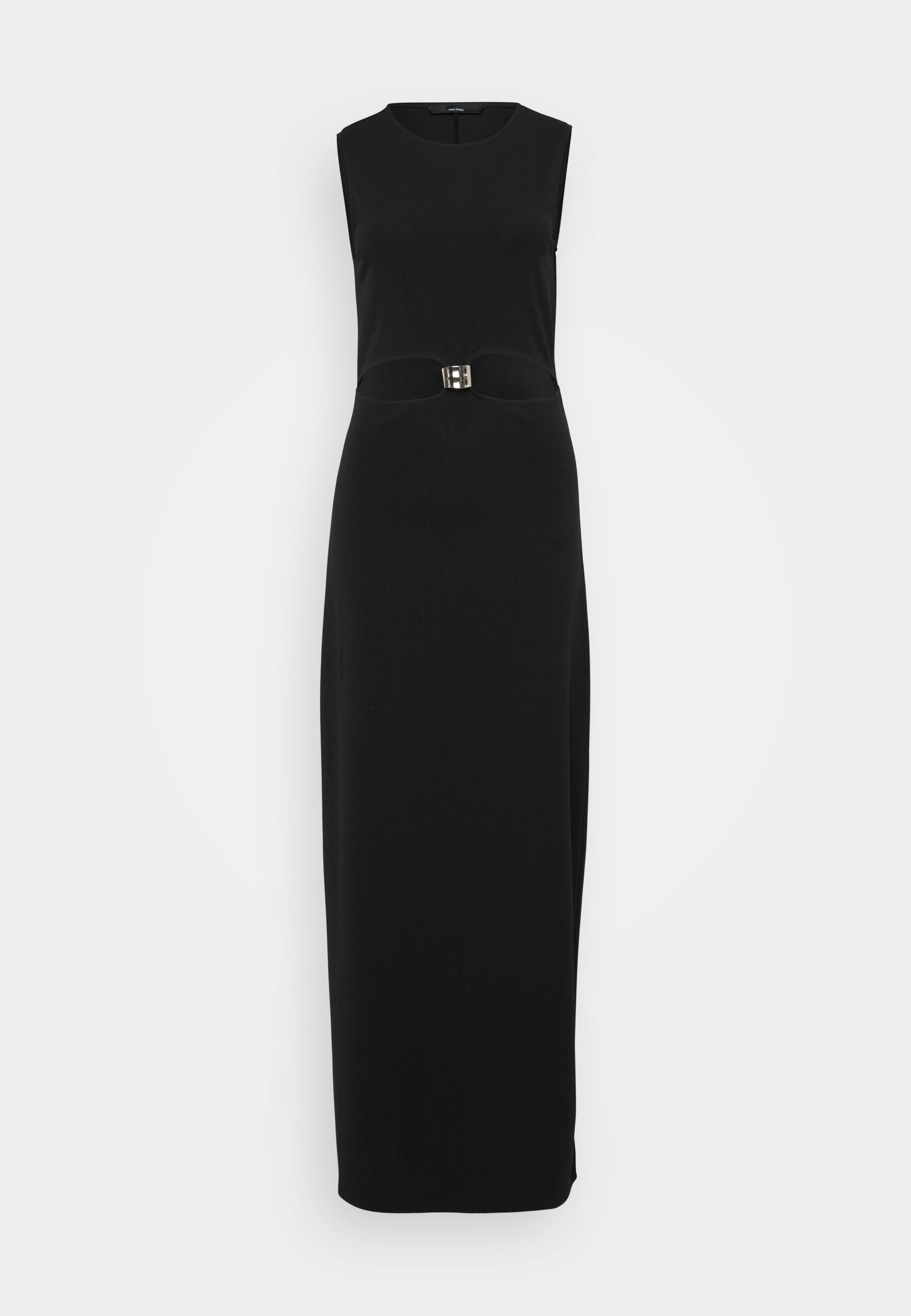 Schwarzes ärmelloses Maxikleid mit figurbetontem Schnitt, glatter Textur und einem markanten Schnallendetail in der Taille.