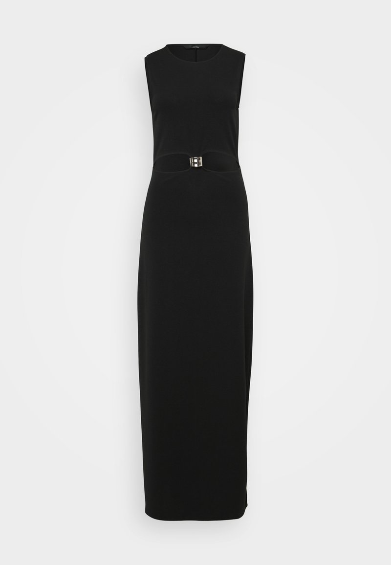 Schwarzes ärmelloses Maxikleid mit figurbetontem Schnitt, glatter Textur und einem markanten Schnallendetail in der Taille.