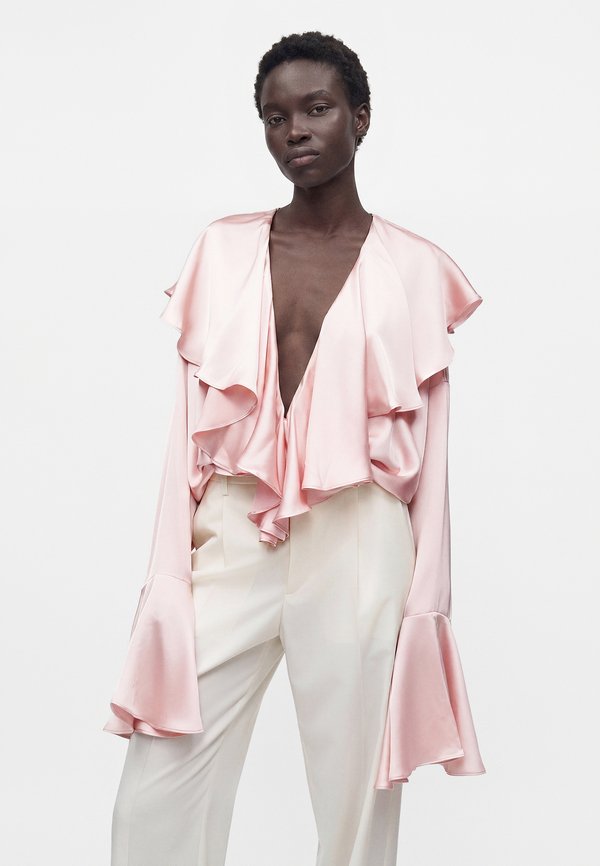Norma Kamali LONG SLEEVE DEEP V RUFFLE BODYSUIT
