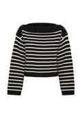 Schwarz-weißer gestreifter, cropped Pullover mit schulterfreier Ausschnitt, mit Knopfakzenten an den Schultern und gerippten Bündchen.