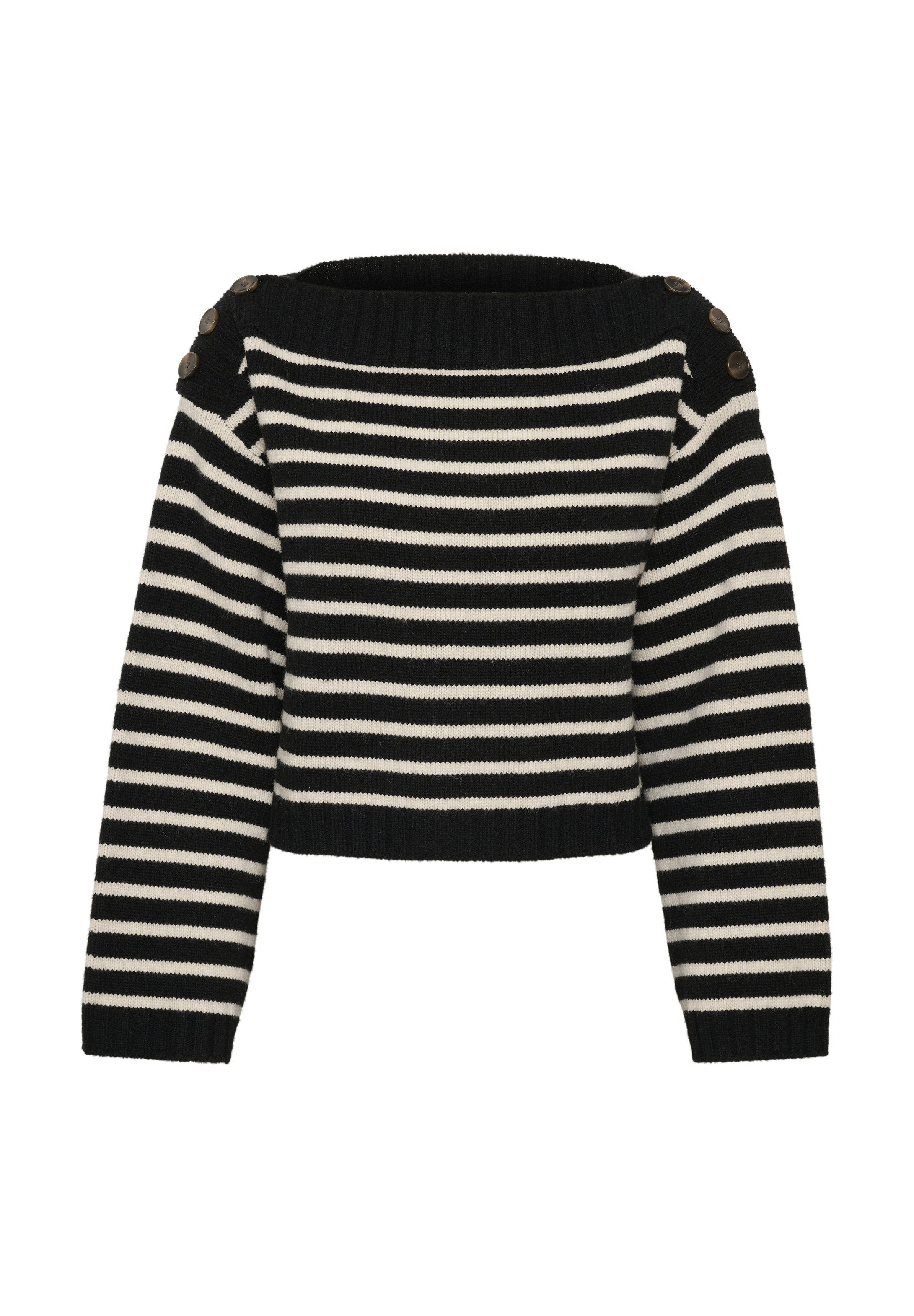 Schwarz-weißer gestreifter, cropped Pullover mit schulterfreier Ausschnitt, mit Knopfakzenten an den Schultern und gerippten Bündchen.