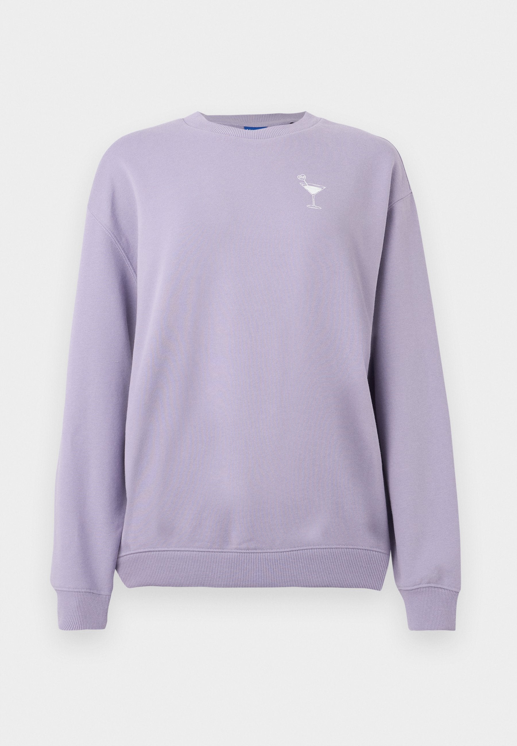 Fliederfarbener Sweatshirt mit Rundhalsausschnitt, gerippten Bündchen und Saum, mit einer kleinen weißen Cocktailglas-Stickerei auf der linken Brust.