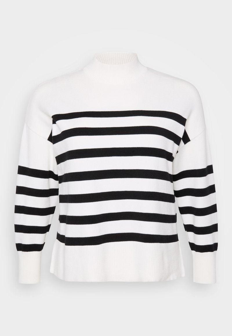 Schwarz-weiß gestreifter Pullover mit hohem Kragen, gerippten Bündchen und lockerer Passform. Weicher, gestrickter Stoff mit gleichmäßigen horizontalen Mustern.