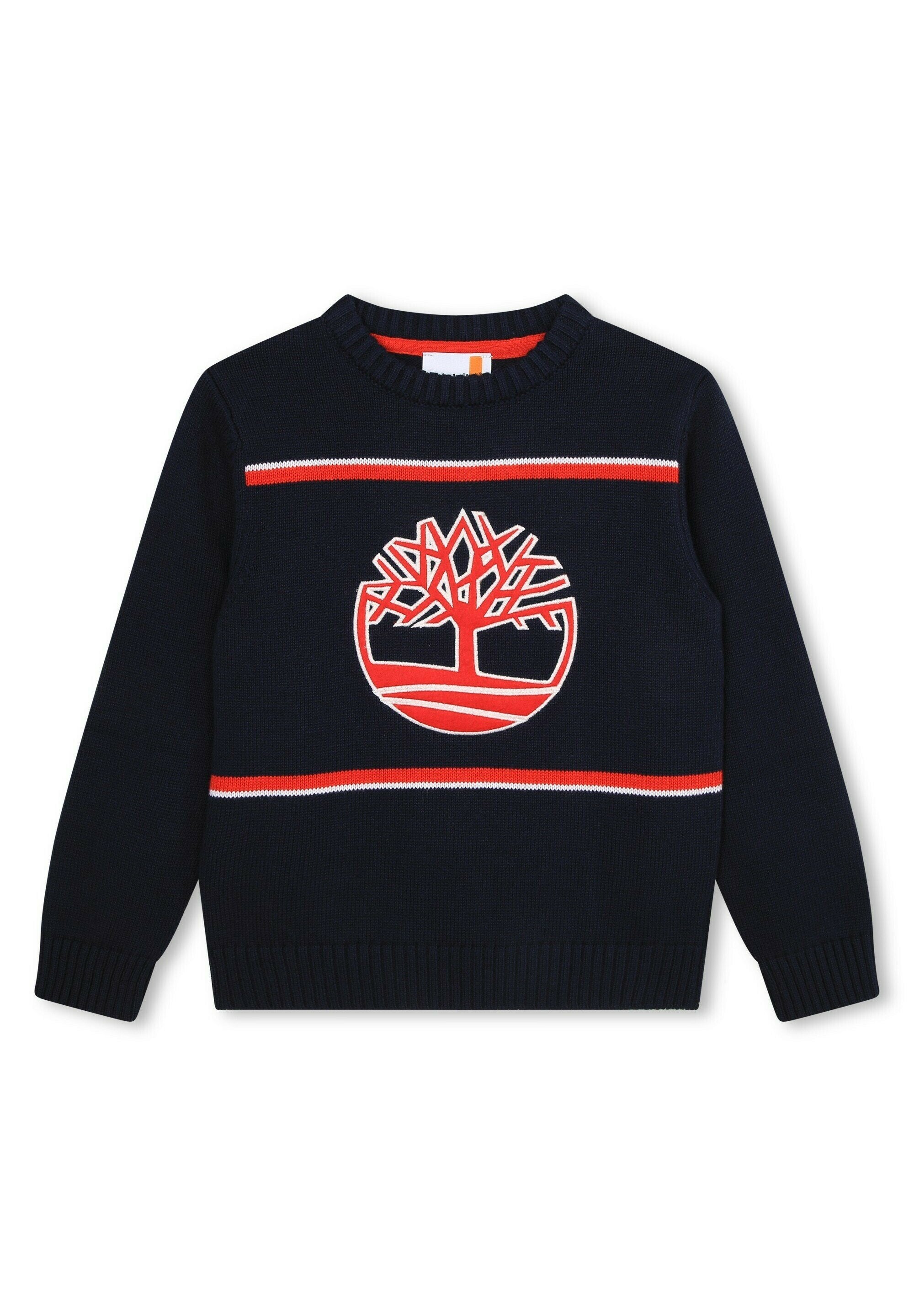 Marineblaue gestrickte Pullover mit einem großen roten und weißen Baum-Logo, horizontalen roten und weißen Streifen sowie einem gerippten Rundhalsausschnitt und Bündchen.