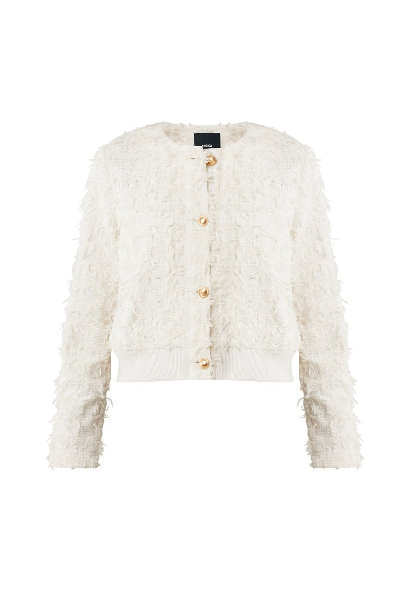 Weißer, strukturierter Cardigan mit langen Ärmeln, der ein fransenähnliches Muster, goldene Knöpfe und einen gerippten Saum aufweist. Design mit Knopfverschluss auf der Vorderseite.