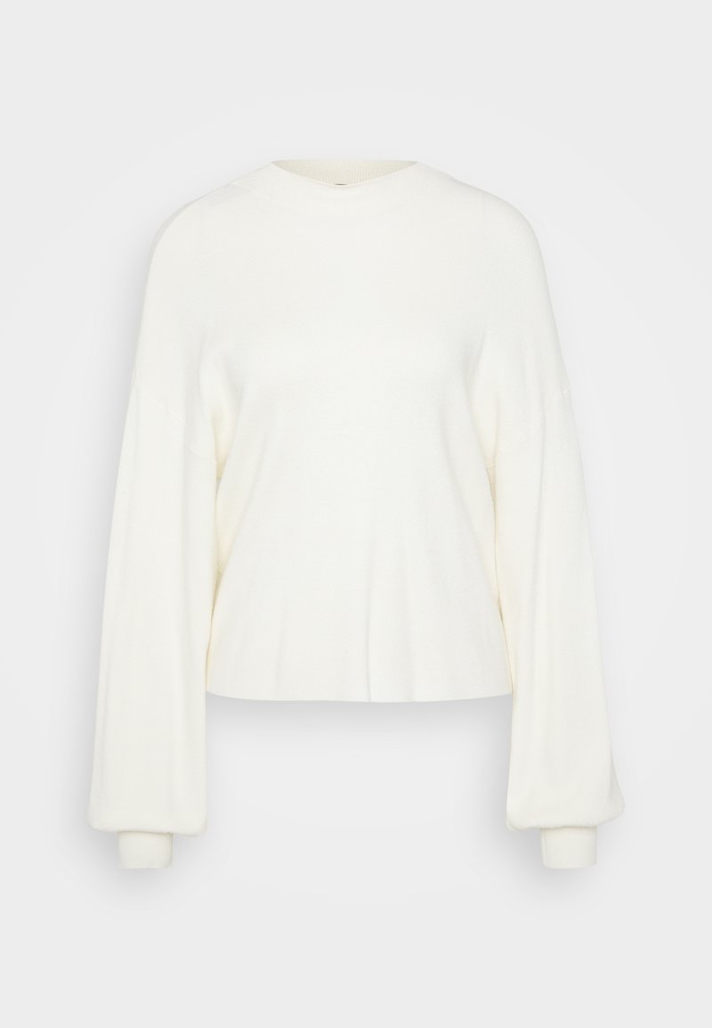 Weißer, cropped Pullover aus weichem Strickstoff. Mit rundem Halsausschnitt und langen, übergroßen Ärmeln mit eng anliegenden Bündchen. Einfaches Design.