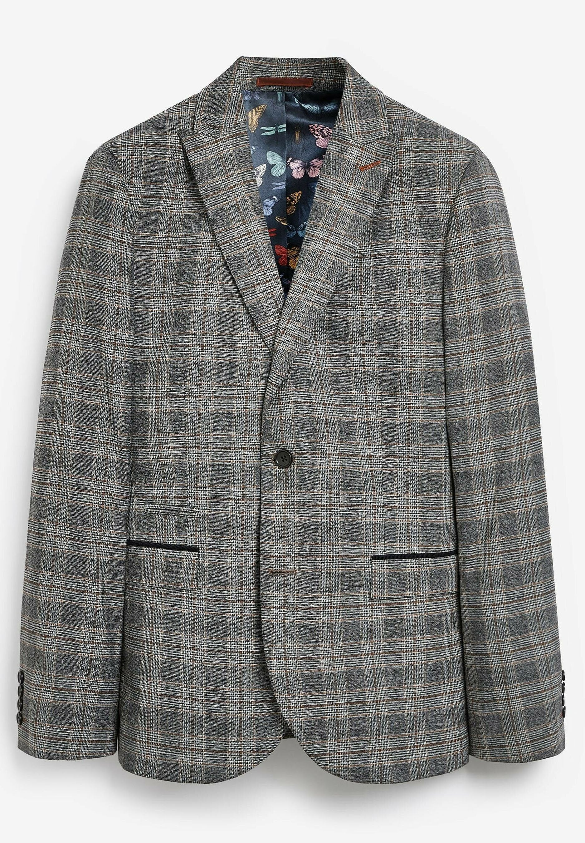 Grau karierter Blazer aus leicht strukturiertem Stoff. Bemerkenswerte Details sind das farbenfrohe Futter mit Schmetterlingsmuster und zwei Fronttaschen.