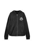Schwarzer Kapuzenpullover mit Reißverschluss, Fronttaschen, einem weißen Drachenmotiv und dem Schriftzug "AllSaints" auf der linken Brust.