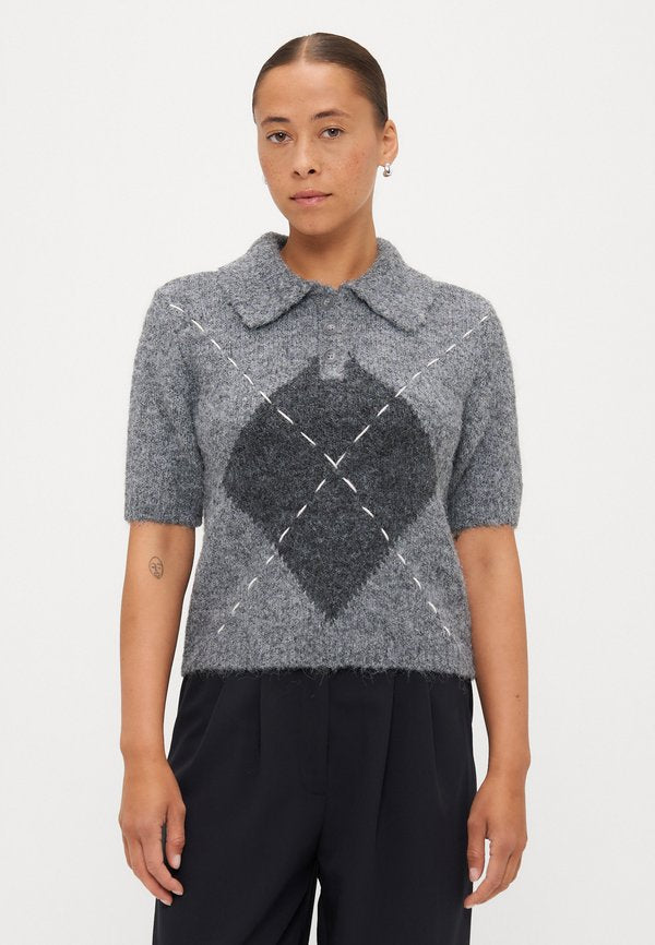 Vero Moda Petite VMBLISS POLONECK - Print T-shirt - medium grey/birch