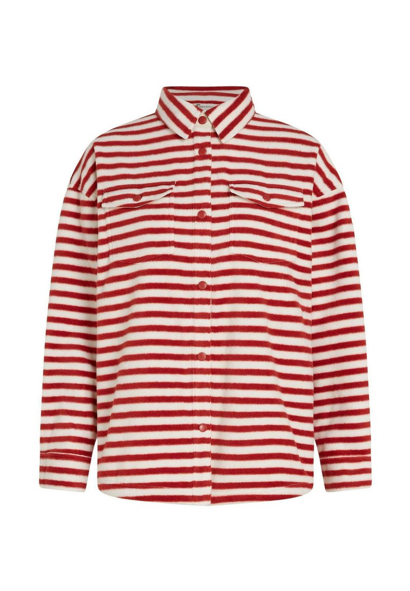 Rot-weiß gestreifte Bluse mit durchgehender Knopfleiste, zwei Brusttaschen, spitzem Kragen und weichem, strukturiertem Stoff.