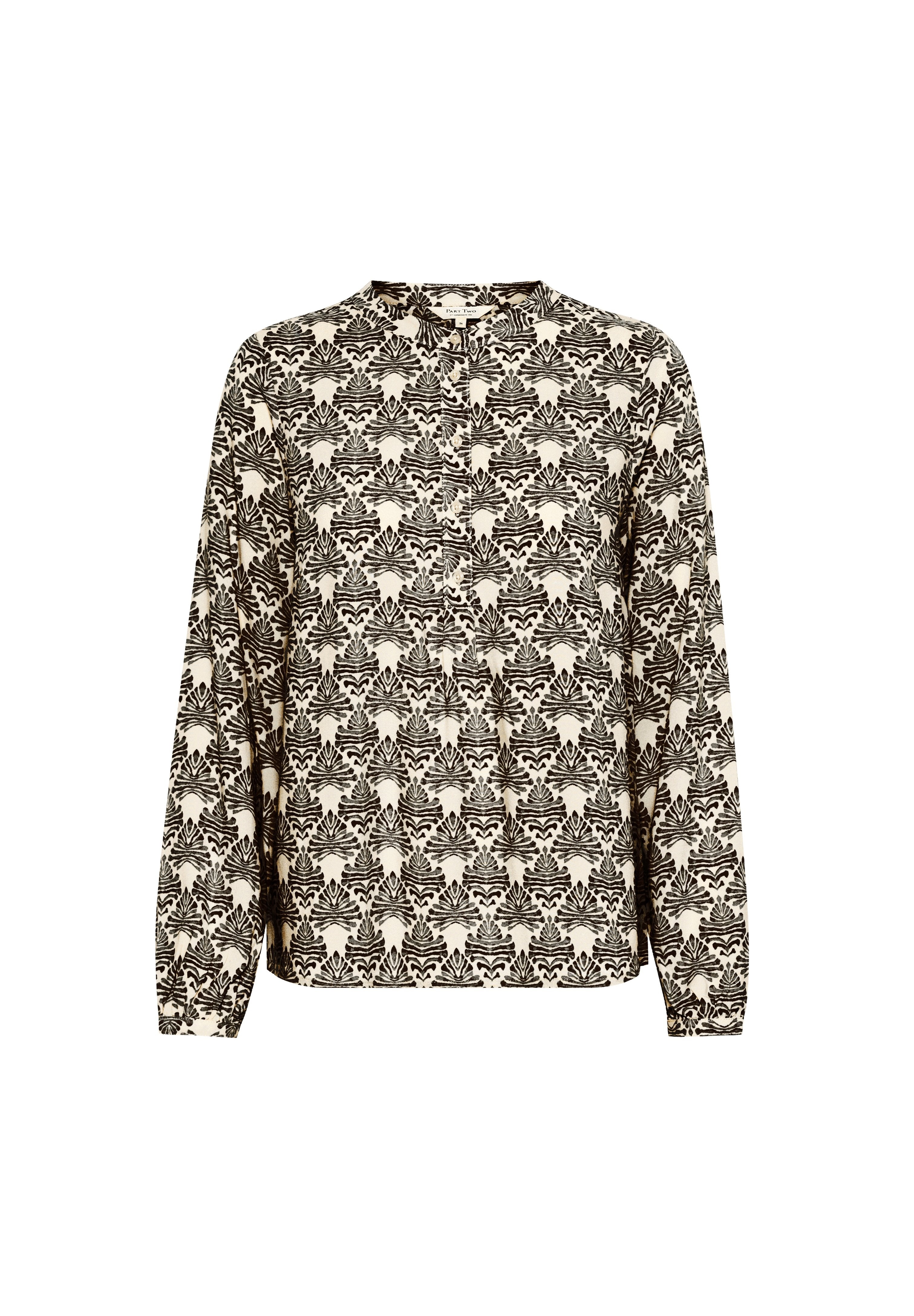 Langärmlige Bluse in Creme und Schwarz, ausgestattet mit einem aufwendigen sich wiederholenden Muster aus abstrakten Formen, mit durchgeknöpftem Vorderteil und rundem Halsausschnitt.