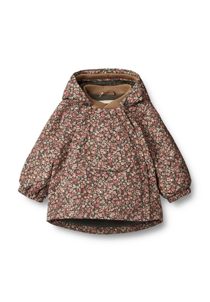 Blumige, gequiltete Jacke mit Kapuze, die pinke und cremefarbene Blumen auf einem dunklen Hintergrund zeigt, mit elastischen Bündchen und einer Fronttasche.