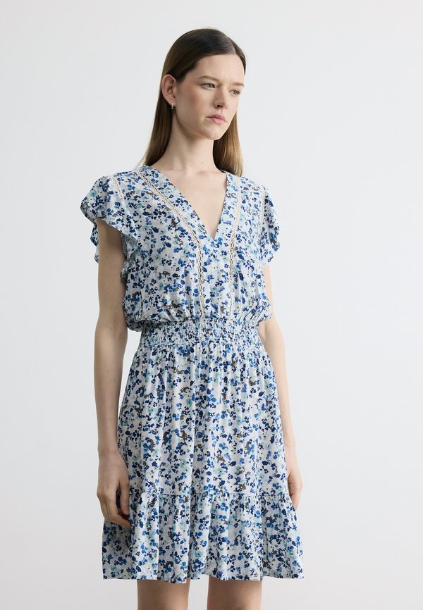 DKNY FLUTTER SLEEVE SMOCKED WAIST V NECK DRESS INSETS