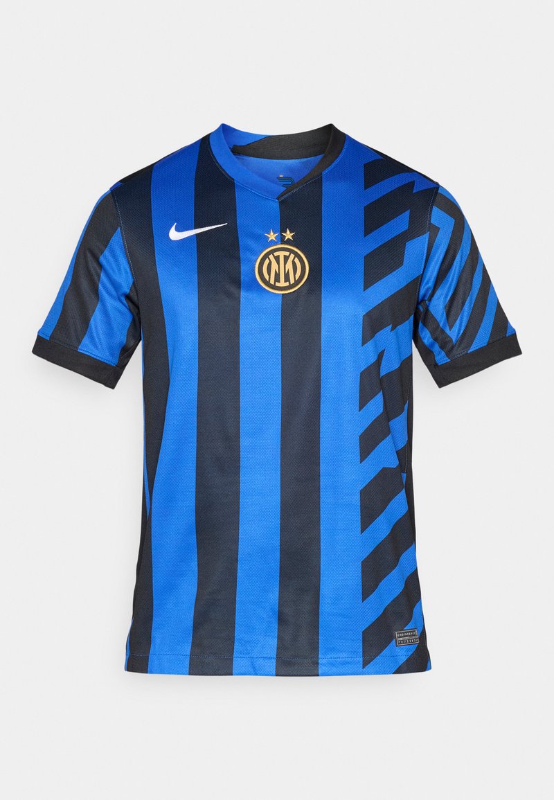 Blau- und schwarz gestreiftes Fußballtrikot mit dem Logo von Inter Mailand, zwei goldenen Sternen darüber und dem weißen Nike-Swoosh auf der Brust.