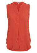 Ärmellose orange Bluse mit V-Ausschnitt und plissierten Details. Hergestellt aus glattem Stoff mit einer lockeren Passform und abgerundetem Saum.